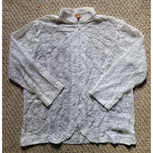 Vintage 70s 80s Romantic‎ Sheer Lace Overlay Blouse Open Size L White Retro
